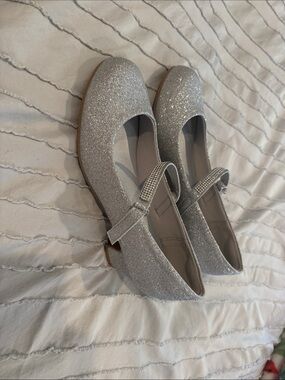Silver Sparkle Mary Jane Flats with Rhinestone Strap
